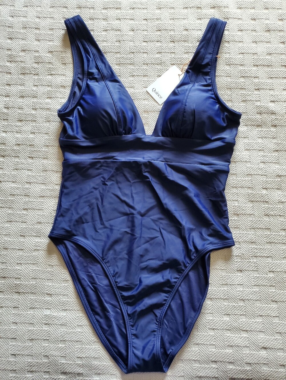 NWT Quince Italian Plunge One Piece Swimsuit Navy Blue - Picture 7 of 11